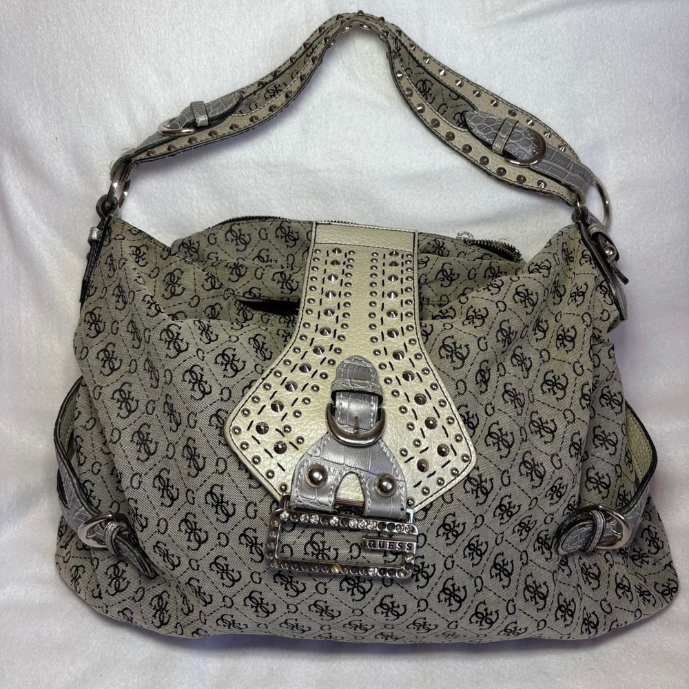 Guess Y2K Monogram Studded Rhinestone Hobo Shoulder Bag Grey Silver